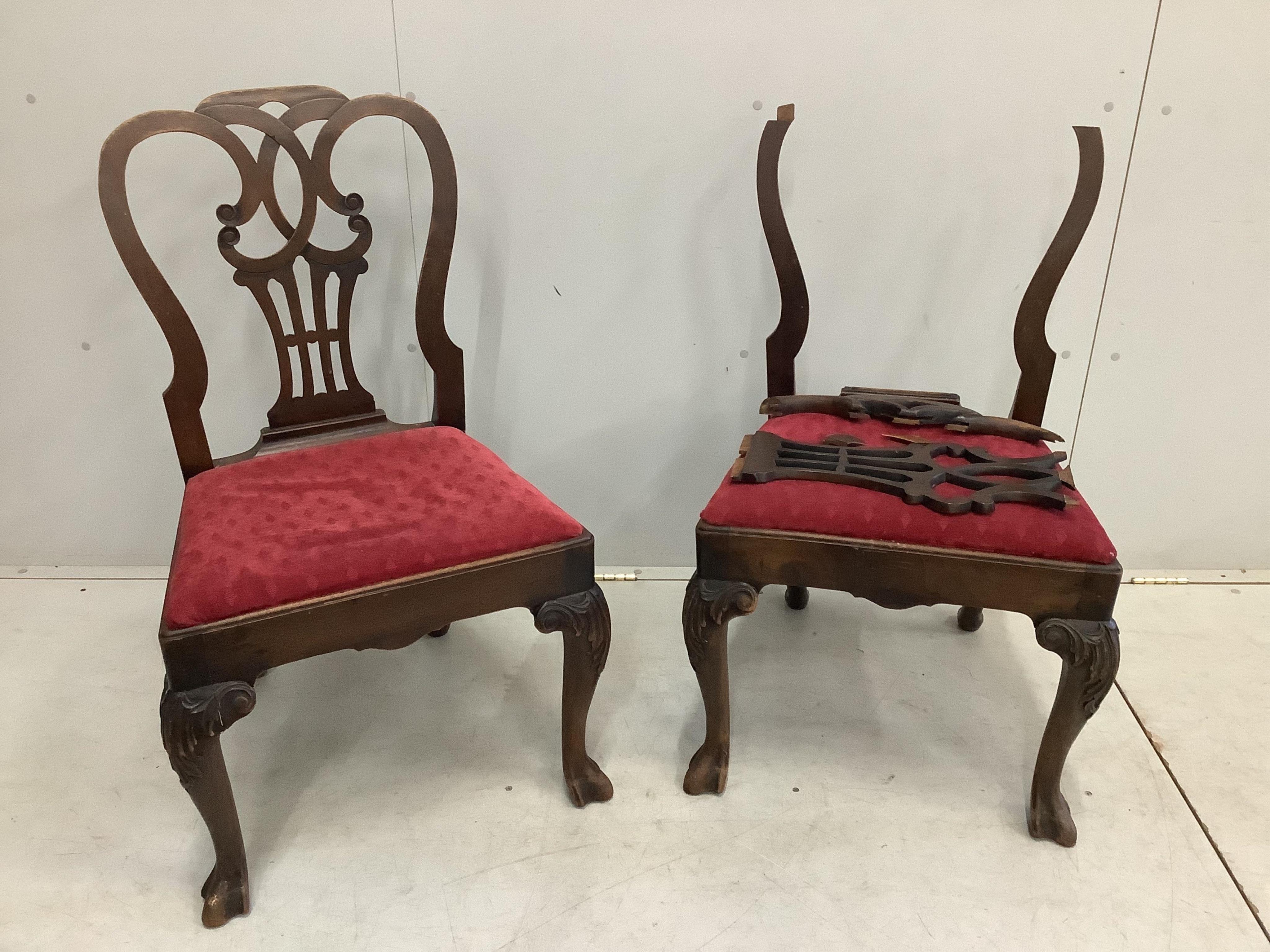 A set of six George II walnut dining chairs. Condition - poor to fair, two requiring extensive restoration